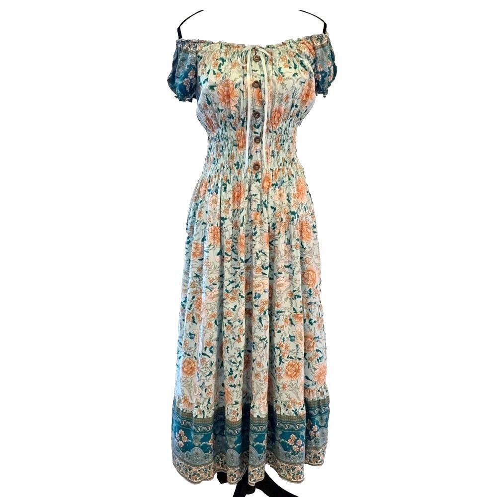 Ostoo Boho Floral Maxi Dress Small Smocked Waist Off Shoulder Cottagecore Mint‎